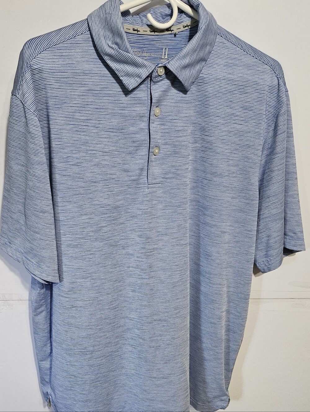 Walter Hagen Mens Golf Polo Shirt Blue Striped SZ L 11 Majors Polyester Spandex